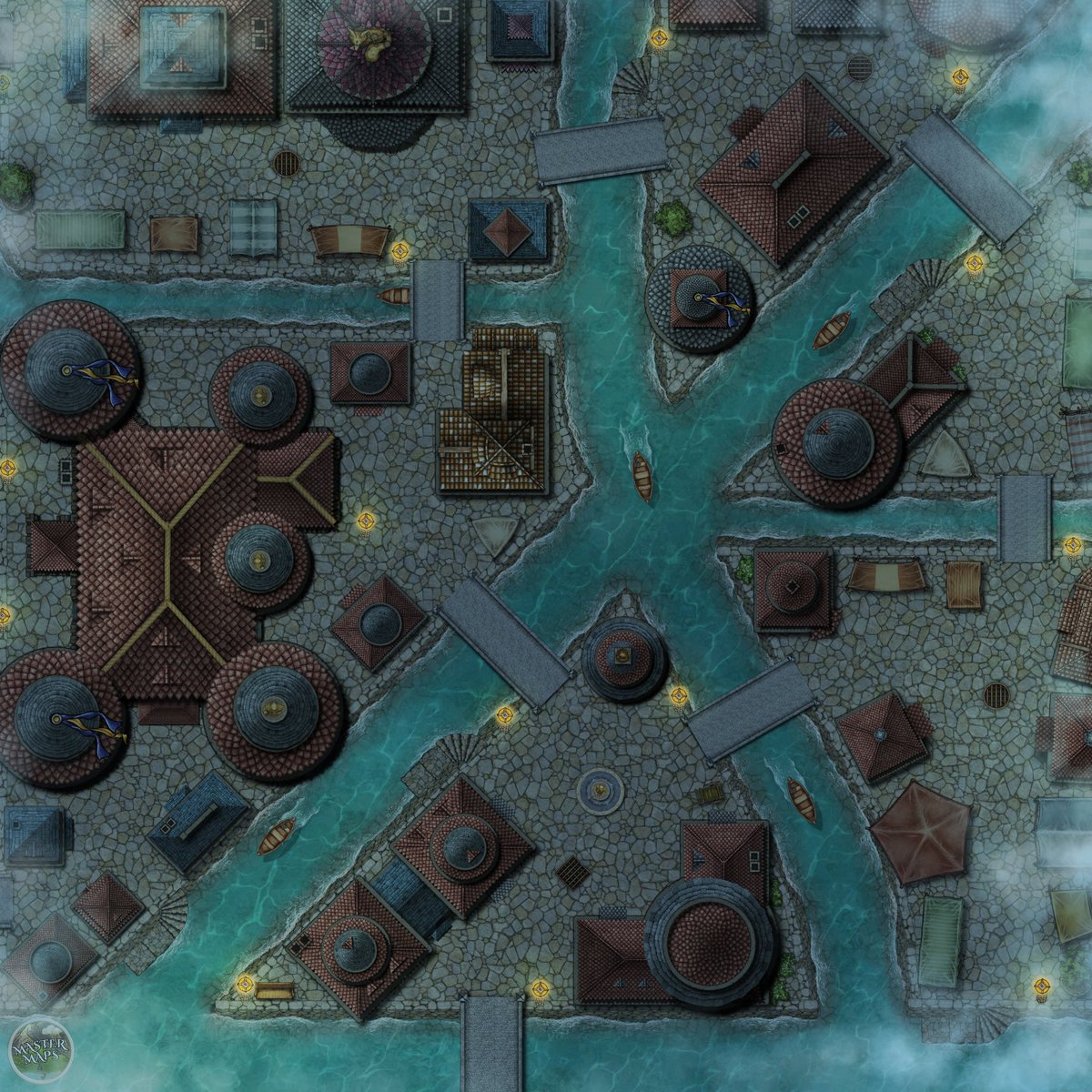 master_maps's tweet image. Canal District - Night - NE [40x40] #dnd #dndmaps #ttrpgmaps #tabletoprpg #battlemap patreon.com/posts/canal-di…