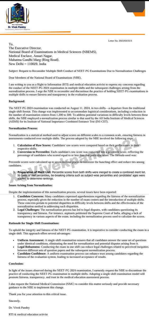 Vivekpandey21's tweet photo. Already sent letter in month of march

Demanding #NEETPG2025 in a single shift! Two shifts cause normalization discrepancies, lack of transparency, &amp; unequal difficulty levels

@MoHFW_INDIA @JPNadda ji, please ensure equal opportunity for aspirants

#NEET2025 #NEETPG #neetpg25 https://t.co/2qq7vBYMUz