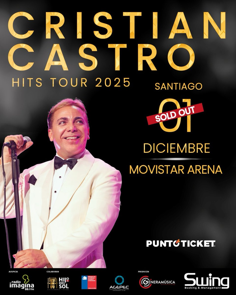 ¡SANTIAGO, SOLD OUT! 🇨🇱✨
Cristian Castro hace historia una vez más: el concierto del 1 de diciembre en el Movistar Arena está oficialmente agotado.
Gracias por tanto amor, Chile ❤️ ¡Nos vemos muy pronto para una noche inolvidable!