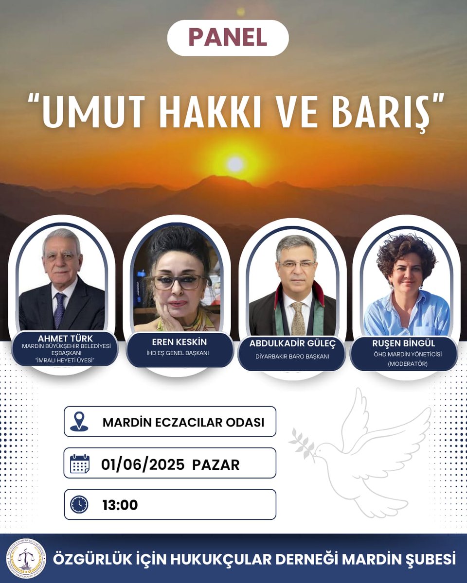 Halkların ortak iradesi olan barışın gerçekleşmesi ve demokratik hukuk devletinin inşaası için gelişen süreci sahiplenerek sözümüzü birlikte büyütmeyi hedefliyoruz.Bu amaçla düzenleyeceğimiz "Umut hakkı ve Barış" konulu panelimize tüm halkımız davetlidir.
🗓️1 Haziran 2025 Pazar