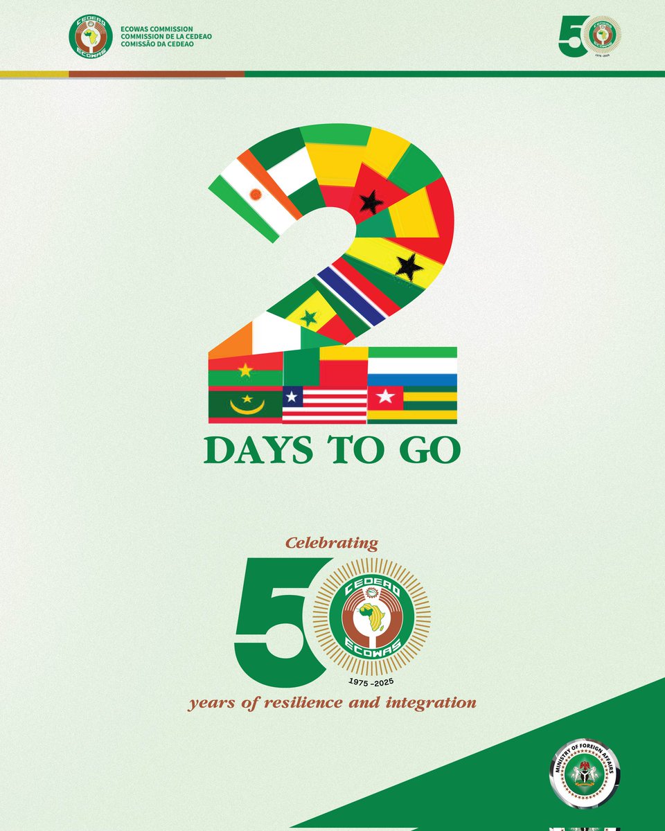 Just 2 days to go until we celebrate 50 years of unity, cooperation, and regional resilience. Founded in 1975 by visionary leaders like Yakubu Gowon and General Gnassingbé Eyadéma, ECOWAS emerged as a bold step to overcome the colonial divisions that once fragmented West Africa.