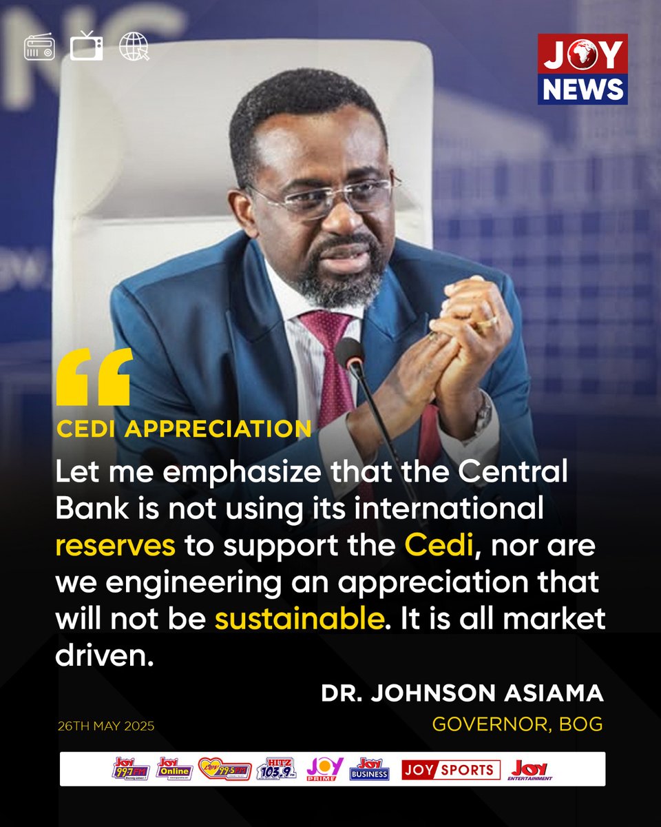 JoyNewsOnTV's tweet photo. Cedi appreciation: We are not using our international reserves to support the cedi - Bank of Ghana Governor, Dr. Johnson Asiama clarifies #JoyNews https://t.co/KIlpI67sln