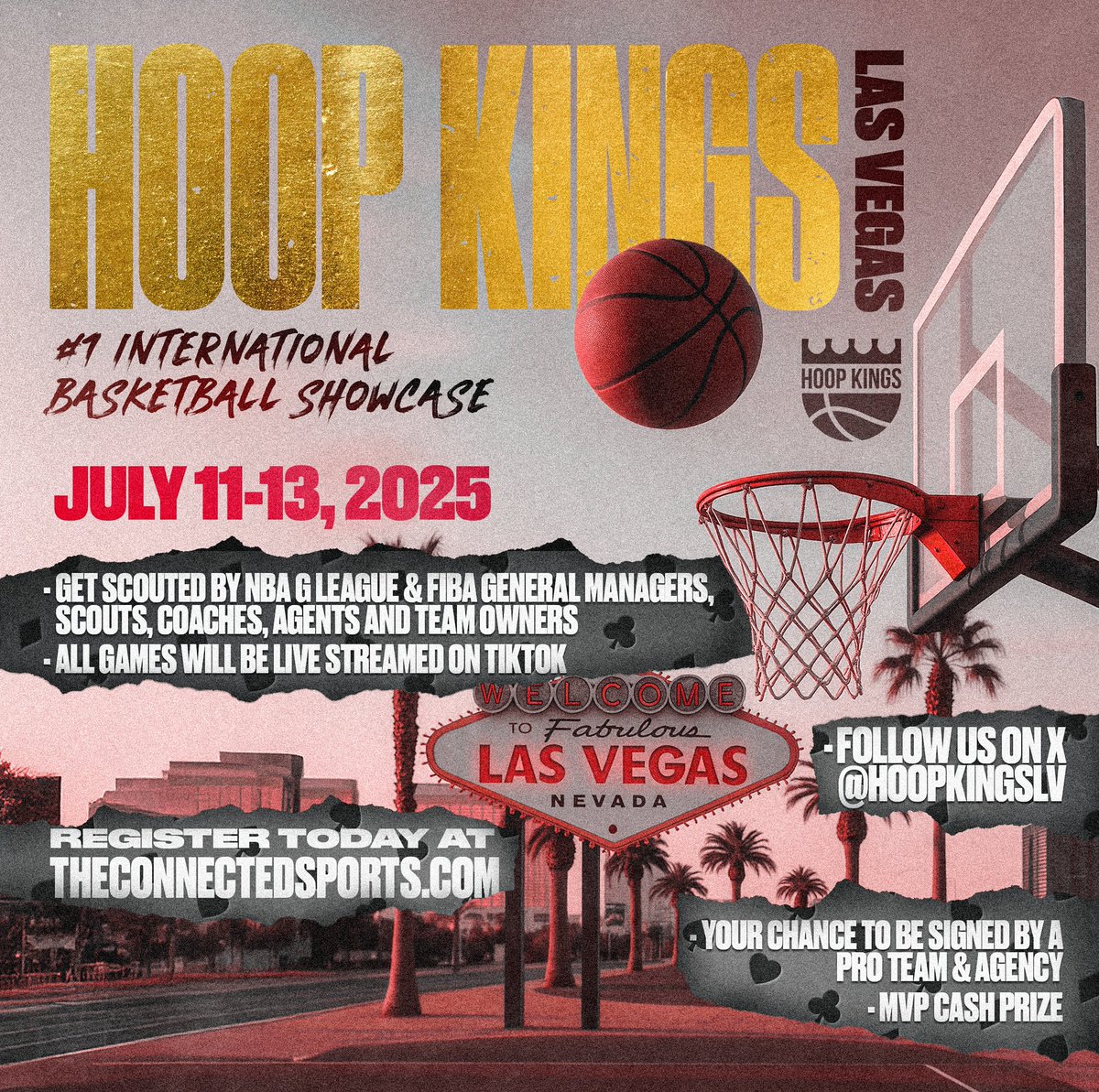 🚨Attention FREE AGENT hoopers! 

Are you unsigned, still looking for an opportunity to showcase your talents amongst international scouts, coaches, agents and GM’s⁉️ 

HOOP KINGS exposure event is for you! 
🗓JULY 11-13, 2025 📍Las Vegas, NV 
🔗 theconnectedsports.com 

🇺🇸
