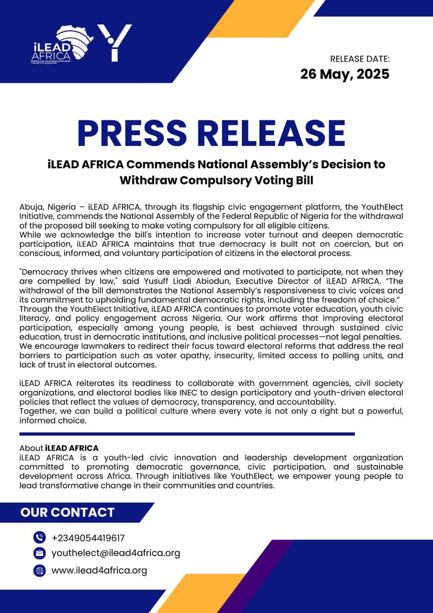 youthelect_ng's tweet photo. We applaud the National Assembly for withdrawing the Compulsory Voting Bill.

Democracy must be driven by informed choice not coercion. Through our #YouthElect Initiative, we’ll keep advocating for voter education, inclusive reforms, &amp; youth-led civic participation.

#iLeadAfrica https://t.co/cLjNLWoQTm
