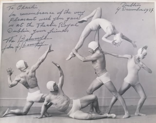 Theatre Royal #Dublin 1937 International stars who appeared there: "The Bemmys" I have no details about this #Variety Art perhaps someone might know British Musical Hall Society? Obviously they are an acrobat group. Fabulous #ARTDECO costume's-shades of "Flash Gordon"