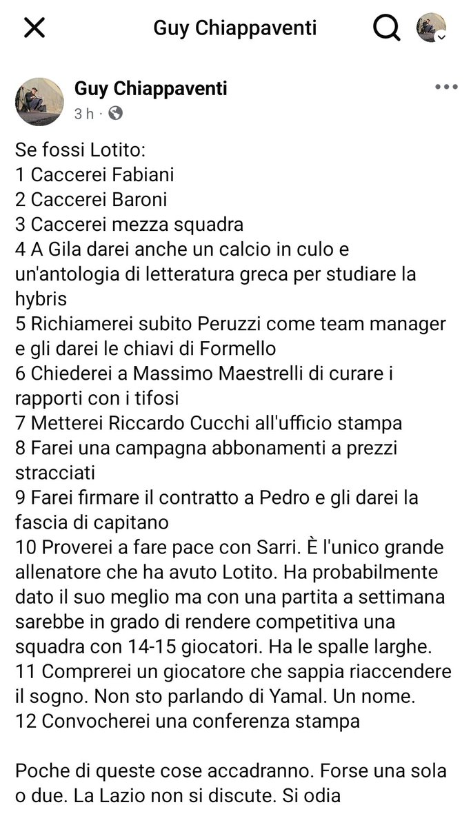 L'unico che ci può tirare fuori dal labirinto in cui siamo caduti è Maurizio #Sarri. Con una partita a settimana, gli basterebbero 13-14 calciatori. Ha le spalle larghe e, come diceva di sé stesso, "la faccia da cazzo" per resistere. #Lazio #Lotito