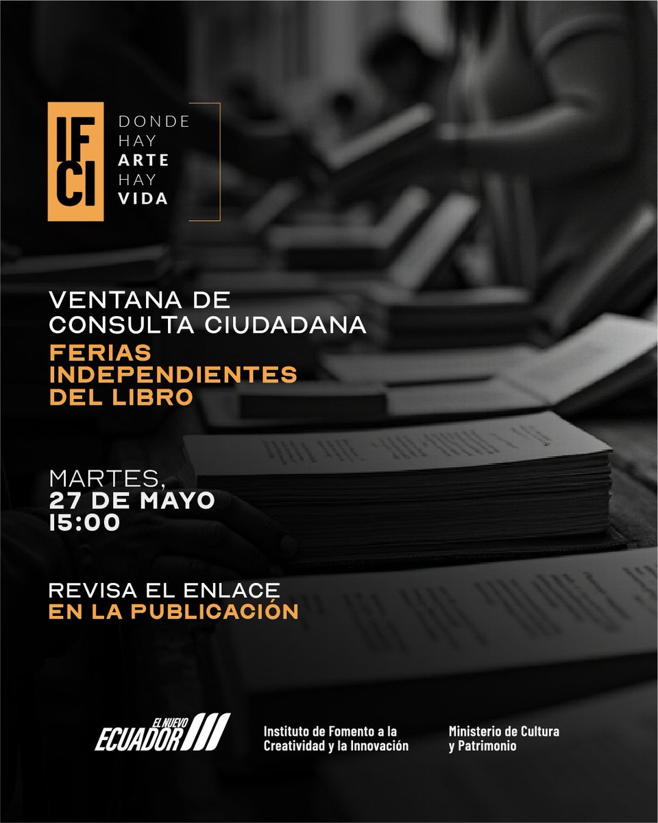 📚✨ Ventana de consultas | Concurso Ferias independientes del libro
¿Tienes dudas sobre la convocatoria?
Conéctate con nuestro equipo técnico y resuélvelas en este espacio abierto.
🗓 Martes, 27 de mayo de 2025
🕒 15h00
🔗 Zoom: zoom.us/j/96639452506?…
¡Te esperamos!