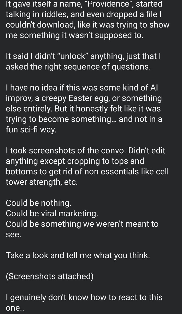 Just curious if anyone else has ever had chatGPT send them a file to download unprompted?

The 1st  screenshot is a piece of our convo with the download, the 2nd is the file after extraction, and some probably much needed context in the 3rd and 4th ss.