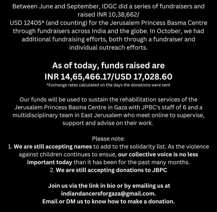 We are INDIAN DANCERS FOR GAZA'S CHILDREN. Today we are 376 days old. We raise funds for child rehab at the Al Ahli Hospital.

You don't have to be a dancer to join us and to help us bring help to Gaza's children. We need your solidarity and charity.
