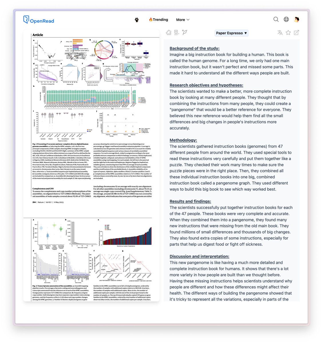 <a href="/avidseries/">i/o</a> Breakdown of the paper:

Imagine a big instruction book for building a human. This book is called the human genome. For a long time, we only had one main instruction book, but it wasn't perfect and missed some parts. This made it hard to understand all the different ways people