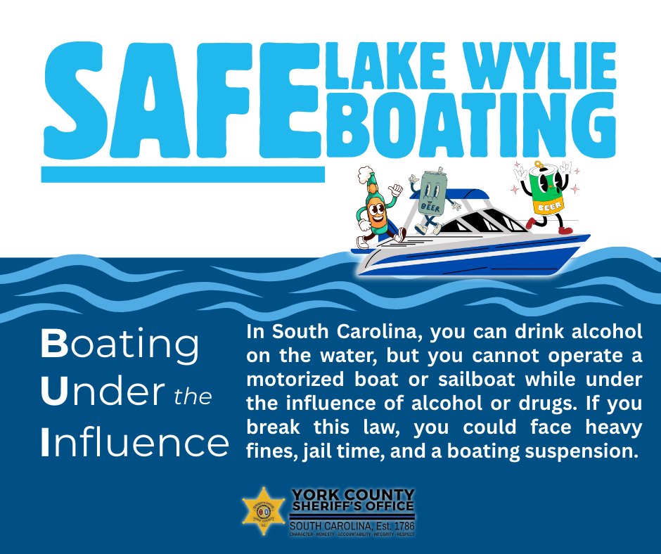 In South Carolina, you can drink alcohol on the water, but you cannot operate a motorized boat or sailboat while under the influence of alcohol or drugs. If you break this law, you could face heavy fines, jail time, and a boating suspension. #YCSONews #LakeWylie