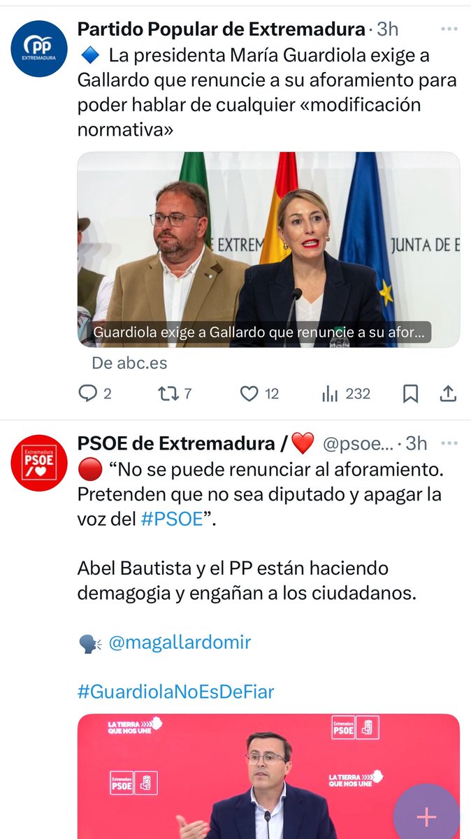 La respuesta es clara, pero el <a href="/ppextremadura/">Partido Popular de Extremadura</a> sigue enfangando porque la realidad es, que quieren que <a href="/magallardomir/">M. Ángel Gallardo Miranda/❤️</a> renuncie a su acta de diputado para tapar la voz del <a href="/psoeex/">PSOE de Extremadura /❤️</a>. Que miserables son, pero eso ya lo sabían, y no de ahora. Les ha pillado con el pie cambiado.