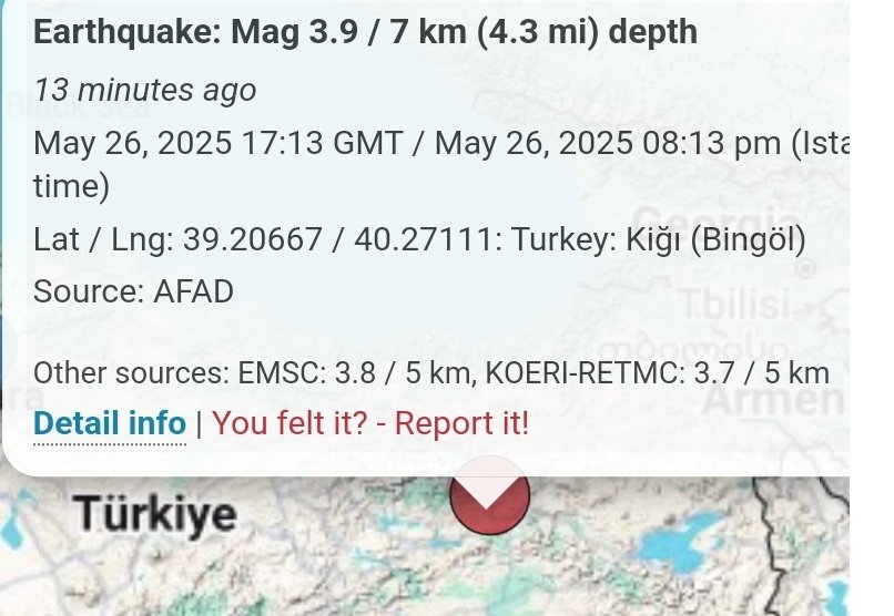 sismoastronomy's tweet photo. May 26, 2025 17:13 GMT / May 26, 2025 08:13 pm (Istanbul time)
Bingol 3.9
Lat / Lng: 39.20667 / 40.27111: Turkey

#Earthquake #earthquakes #σεισμός #deprem #terremoto #Emsc #lastquake #afad #sismoAstronomy #kandilli #Anss #Usgs #krdae https://t.co/rK6DZzzXKv