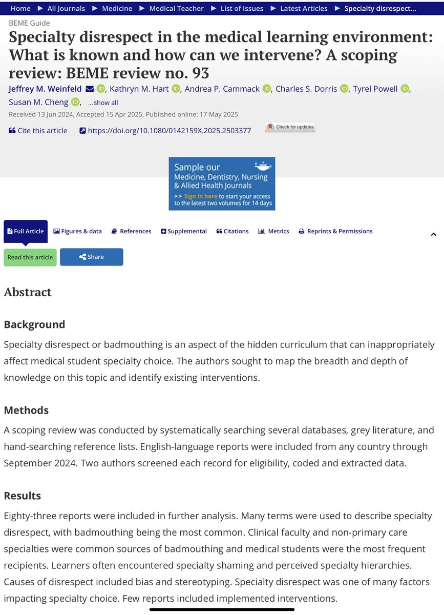 🆕 Just out in Medical Teacher:

Disrespect in the Medical Learning Environment – What is Known and How Can We Intervene?

BEME Review No. 93 highlights key impacts + strategies for change.
👉 ow.ly/EkiB50VYS0I

#BEME #HealthProfessionsEducation