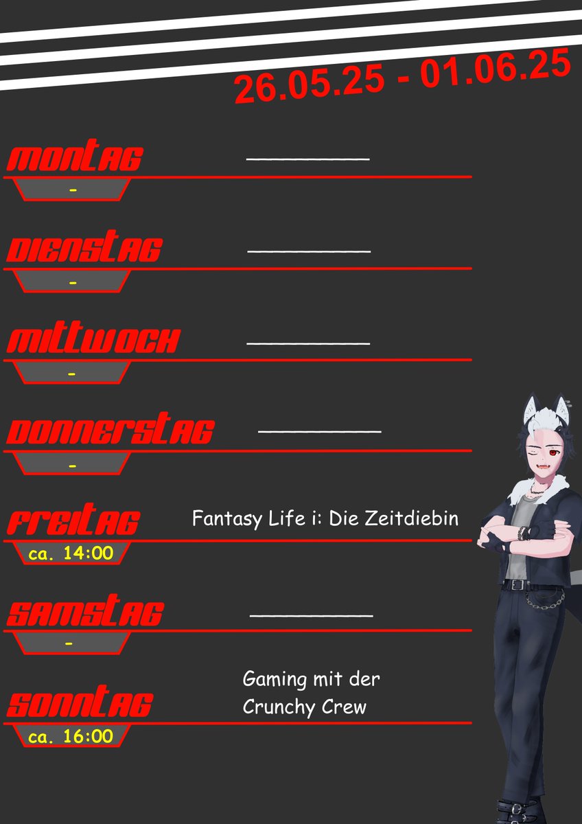 Diesen Mittwoch gibt es leider keinen Stream bei mir.
Dafür geht's am Freitag diesmal schon um 14:00 Uhr los.
Und Sonntag gibt's dann, wie gewohnt, Action mit der Crunchy Crew.