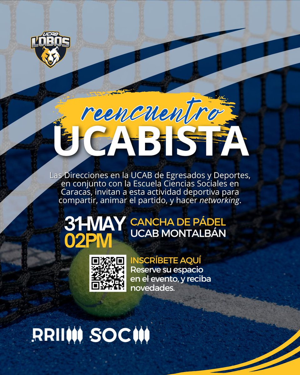 🔰[REENCUENTRO UCABISTA]

Invitamos a nuestros(as) egresados(as) a esta actividad deportiva para compartir, animar el partido, y hacer networking.

Si egresó de nuestra carrera, y tiene interés en participar, complete este formulario para inscribirse: forms.gle/hqNyGkbD9RhRqa…