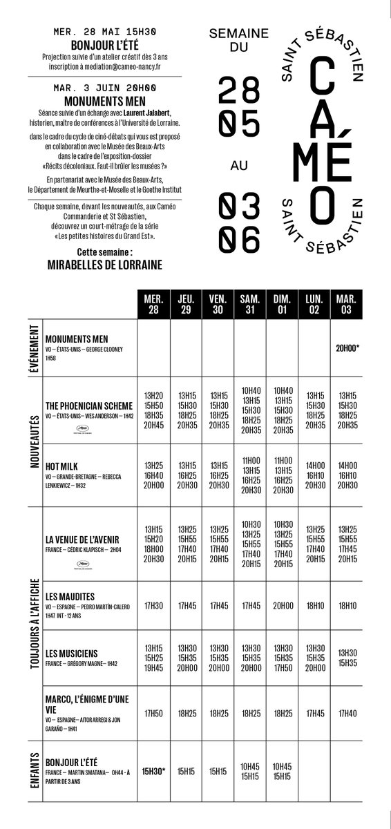 Horaires des séances pour la semaine du 28 mai au 3 juin 
❤
#nancy