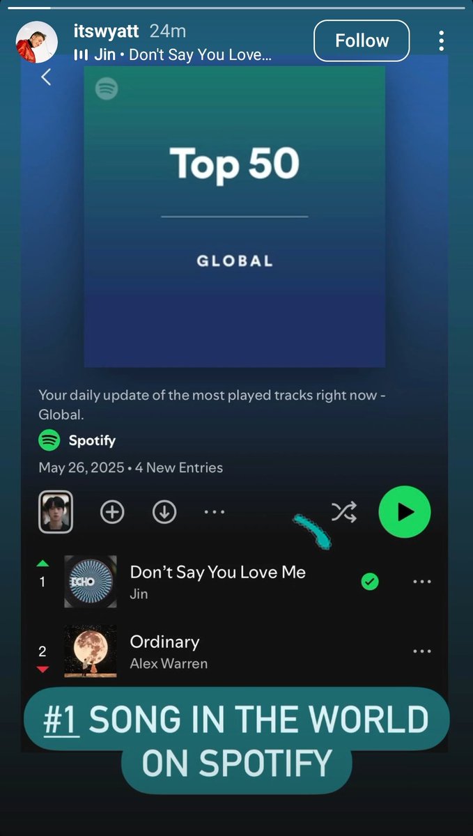 One of the main Songwriter and Producer of "Don't Say You Love Me" by #JIN has posted about Spotify #1 on his Instagram story!