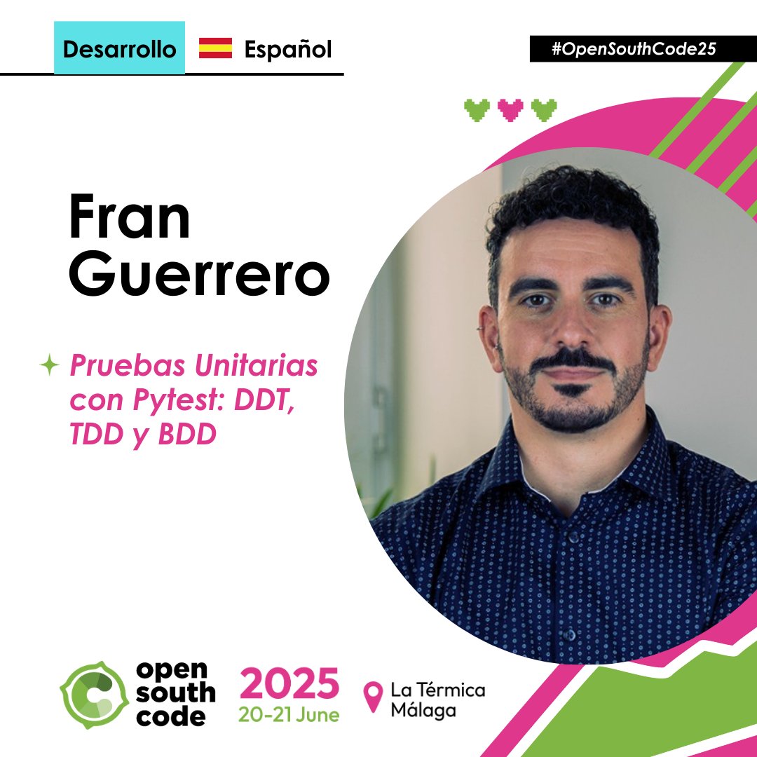 OpenSouthCode (@opensouthcode) on Twitter photo 🧪 ¿Empiezas con testing en Python?
En #OpenSouthCode25, @franguerreroqa te guía paso a paso con Pytest:
📌 DDT, TDD y BDD
🔍 Tests simples, útiles y bien hechos
💡 Ideal si te inicias en pruebas unitarias <a href="/python_malaga/">Málaga Python</a>
opensouthcode.org/conferences/op… 🧪 ¿Empiezas con testing en Python?
En #OpenSouthCode25, @franguerreroqa te guía paso a paso con Pytest:
📌 DDT, TDD y BDD
🔍 Tests simples, útiles y bien hechos
💡 Ideal si te inicias en pruebas unitarias <a href="/python_malaga/">Málaga Python</a>
opensouthcode.org/conferences/op…
