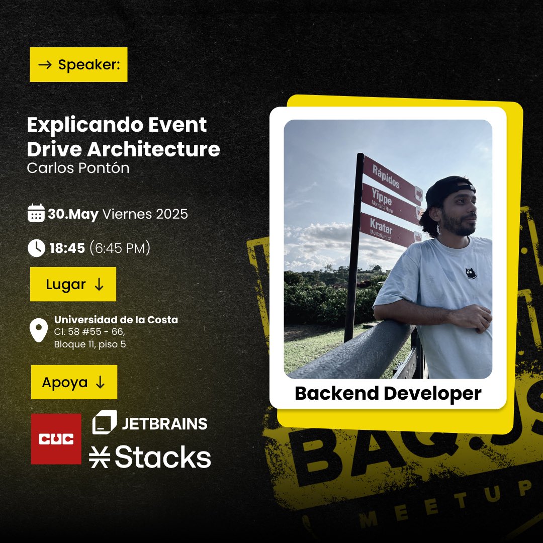 ¡Charla imperdible en #BarranquillaJS!

📅 30 de mayo | 🕡 6:45 PM

📍 Universidad de la Costa (CUC)

🎙 "Explicando Event Drive Architecture"
👨‍💻 Por Carlos Pontón

🎟 Regístrate aquí:
🔗 bit.ly/MeetupBarranqu…

#EventDriven #JavaScript #MeetupTech #CaribeDev