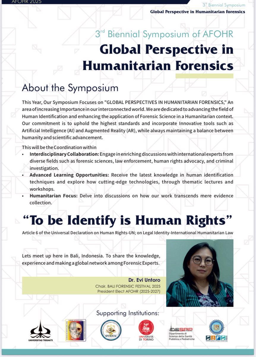 Lets meet up here in Bali, Indonesia!
To share the knowledge, experience and making a global network among Forensic Experts.

Dr. Evi Untoro
Chair, BALI FORENSIC FESTIVAL 2025
President Elect AFOHR (2025-2027)

#afohr2025bali 
#forensicfacts 
#forensicodontology 
#forensic