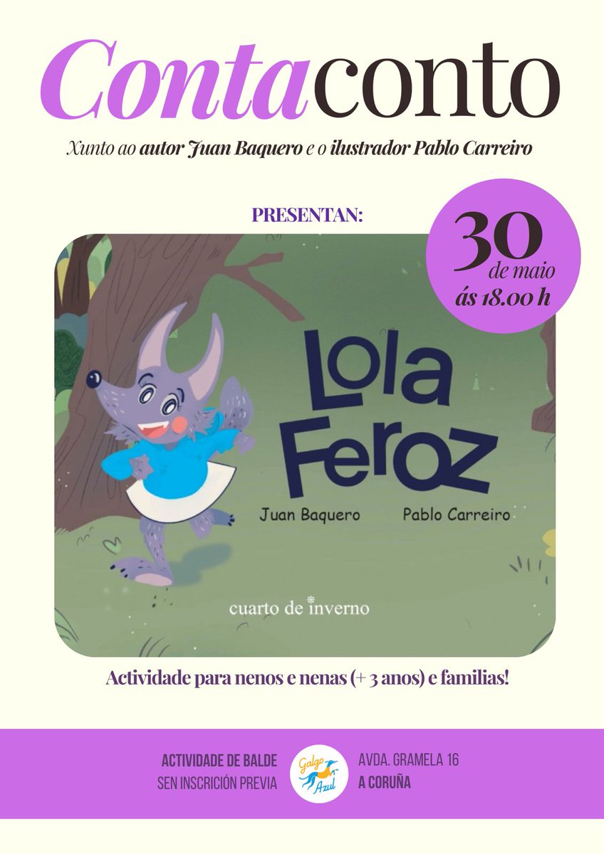 Contacontos de #LolaFeroz o venres, 30 de maio, na libraría Galgo Azul da Coruña con Juan Baquero e Pablo Carreiro