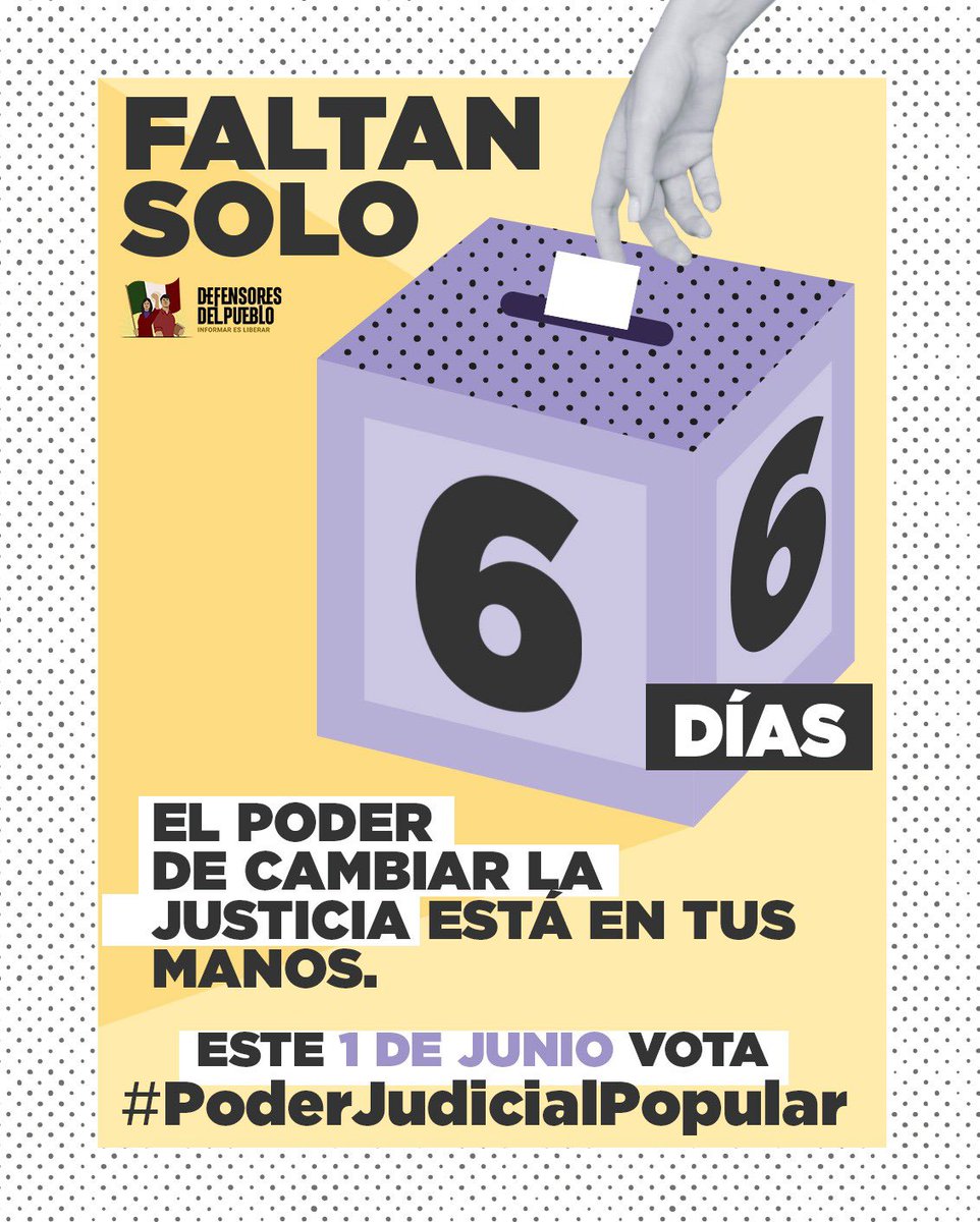 🔔 Faltan 6 días para hacer justicia en las urnas. ¿Ya sabes cómo vas a votar por un #PoderJudicialPopular ?
Cuéntanos cómo te preparas:
📌 ¿Ya sabes dónde votar?
📌 ¿A quién vas a apoyar?
📌 ¿Qué justicia quieres construir?

🗳️Vota este 1 de junio, que nadie se quede atrás.