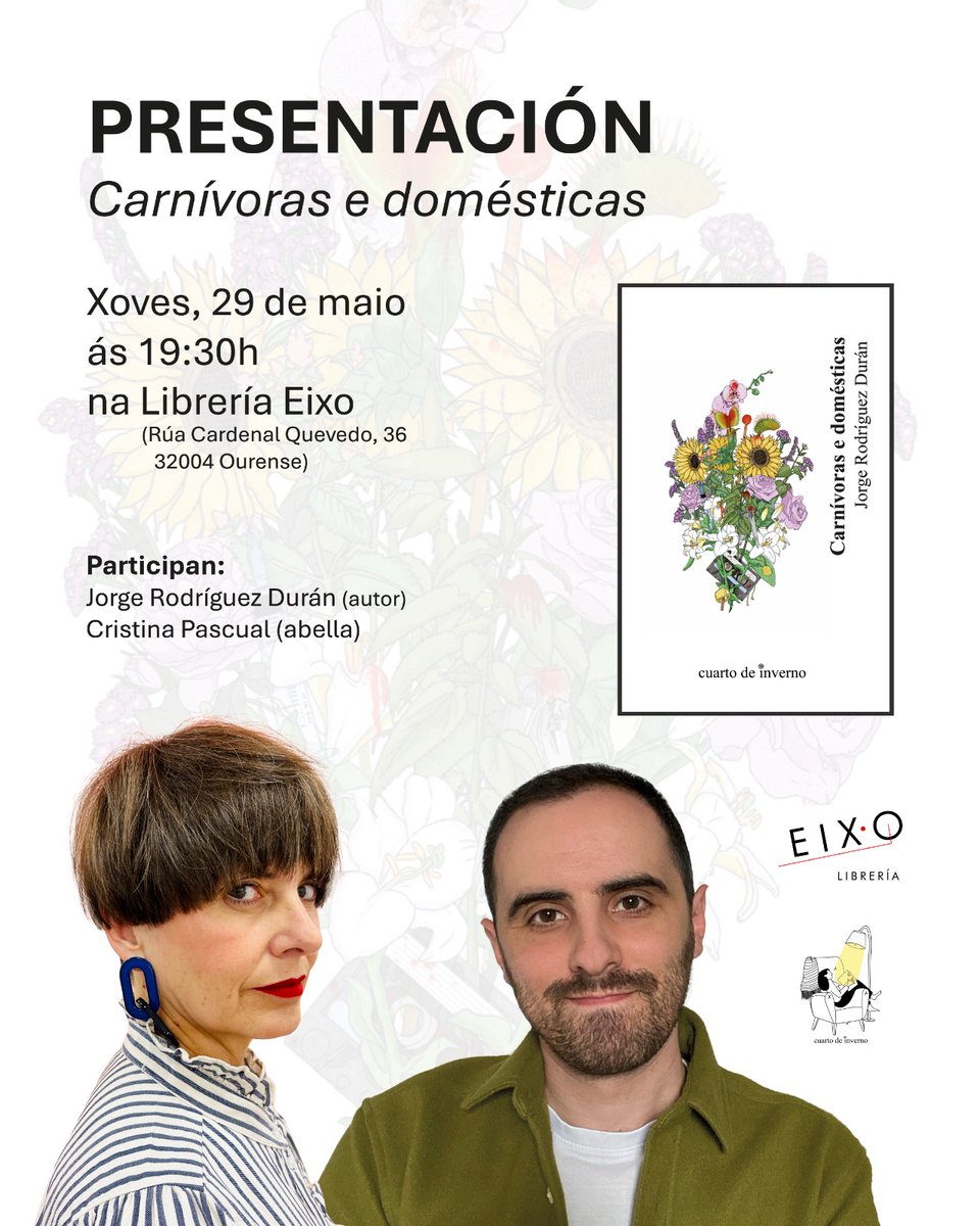 Este xoves, 29 de maio, ás 19:30h, Jorge Rodríguez Durán conversa con Cristina Pascual sobre #CarnívoraseDomésticas na libraría Eixo en Ourense.