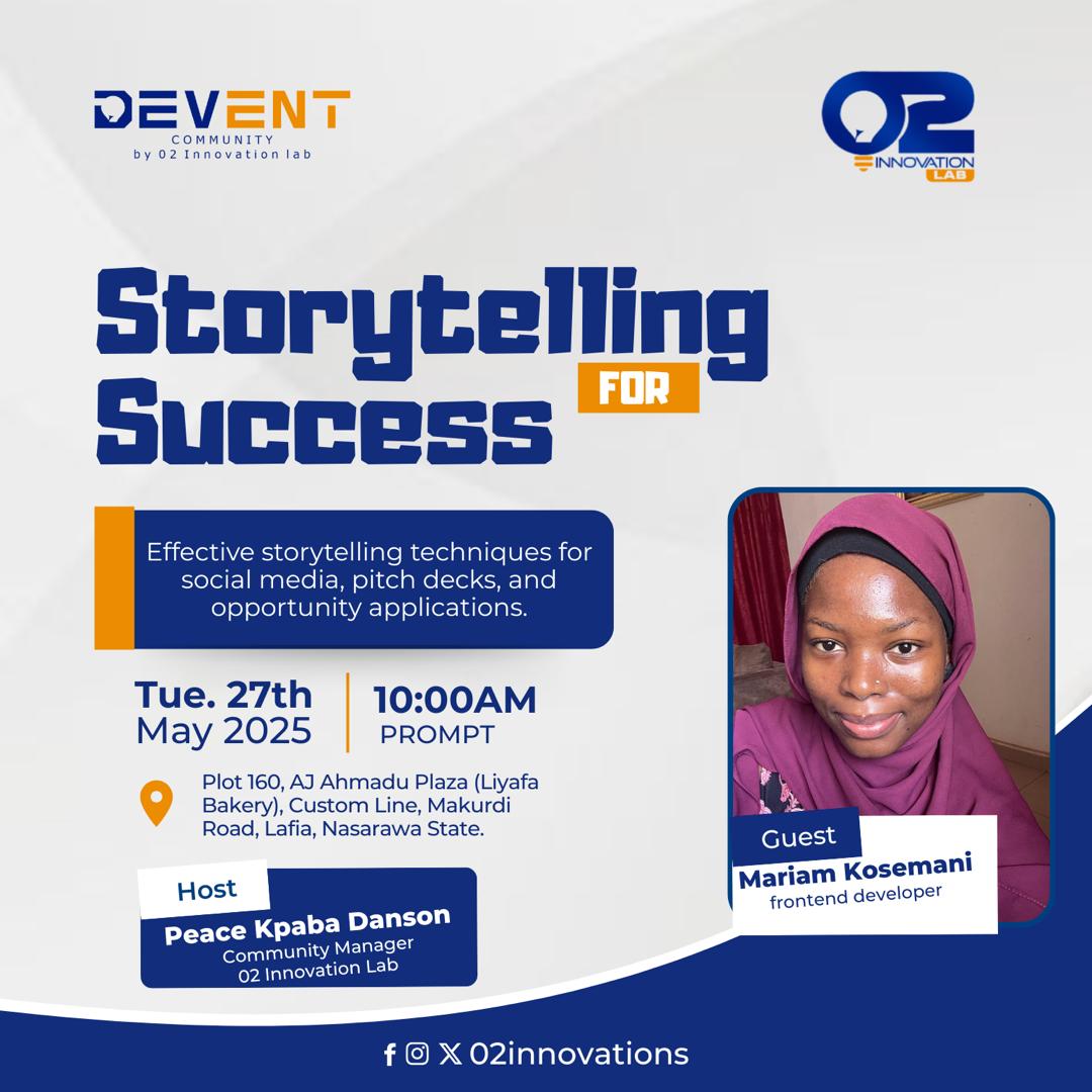 peacekpaba's tweet photo. If you're in Lafia, Nasarawa state, allow me to be your host tomorrow at @02Innovations - DevENT storytelling for Success session.

Check flyer for more details.

#nasarawaonx #gdglafia #DevEnt #02Innovations #KpabaInitiatives https://t.co/ZREPOmIgbg