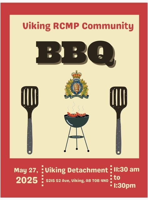 🌭 Join Viking RCMP for their Community BBQ! 🌭

📆TOMORROW - Tuesday, May 27
🕒11:30 a.m. to 1:30pm
📍Viking RCMP Detachment, 5212 52 Ave, Viking.

Come out for a free lunch, and meet your local RCMP officers!

#communitybbq #vikingab