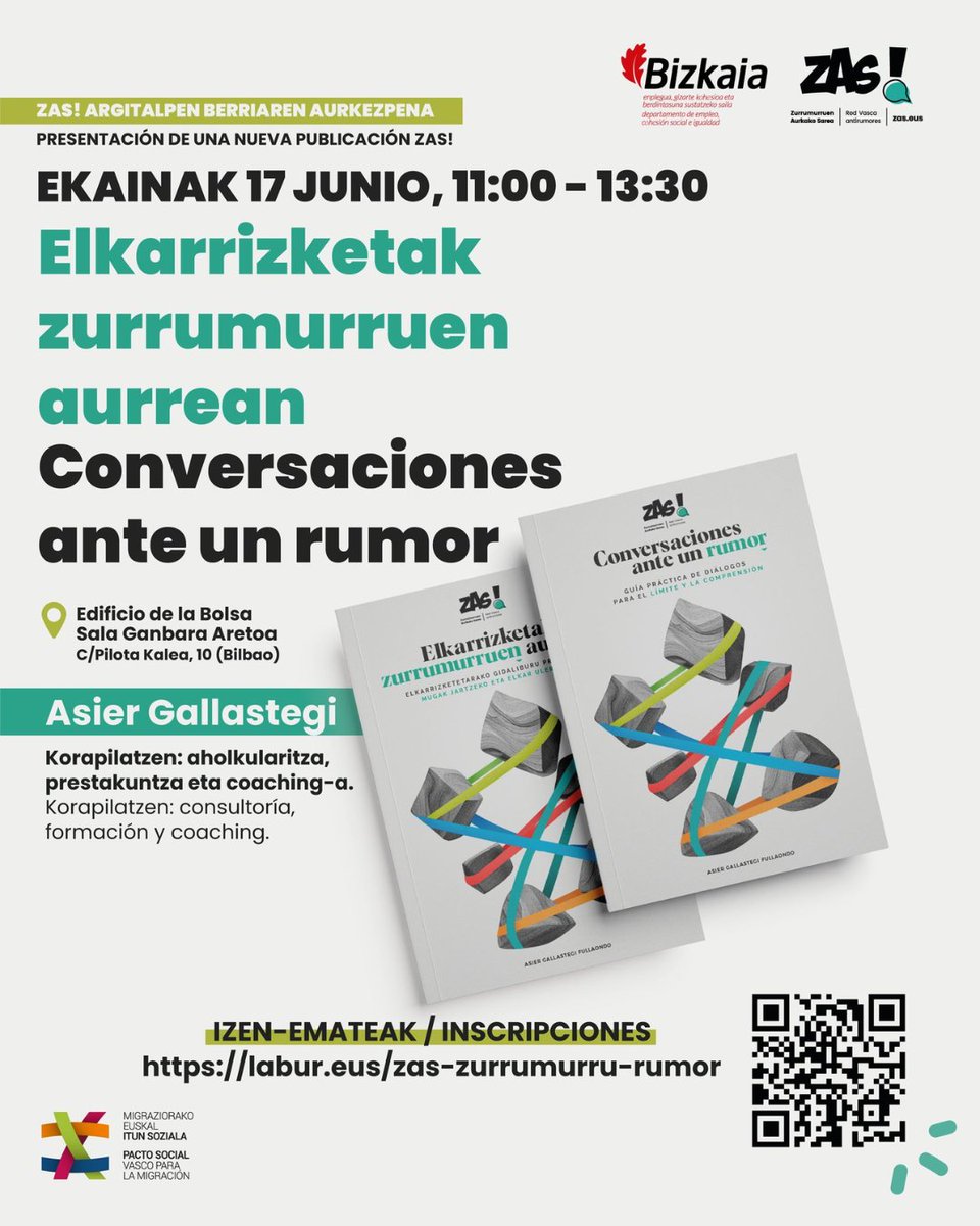 Compartimos noticia de <a href="/Zas_Antirumor/">ZAS antiRumores</a> de la jornada de presentación: "Conversaciones ante un rumor"
🗣 <a href="/asiergallastegi/">asier gallastegi</a> 
📆 17 junio | ⏰ 11:00 - 13:30
📍 Edificio La Bolsa, Sala Ganbara (Pilota Kalea, 10, Bilbo)
✍🏼 Inscripciones: labur.eus/zas-zurrumurru…

#AntiRumor