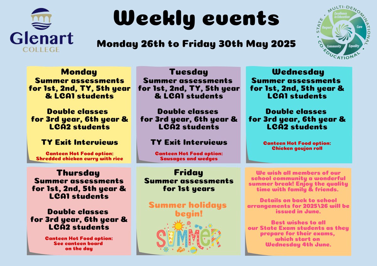 Glenart College, Arklow (@glenartcollege) on Twitter photo Weekly Events schedule
🗓️ Monday 26th to Friday 30th May
The last week of the school year! 🥳
Good luck to all students sitting assessments this week, as double classes continue for State Exam students!
Wishing everyone a wonderful summer! ☀️
<a href="/KWETB/">Kildare Wicklow ETB</a> Weekly Events schedule
🗓️ Monday 26th to Friday 30th May
The last week of the school year! 🥳
Good luck to all students sitting assessments this week, as double classes continue for State Exam students!
Wishing everyone a wonderful summer! ☀️
<a href="/KWETB/">Kildare Wicklow ETB</a>