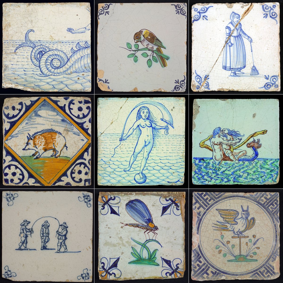 Set of glazed ceramic tiles, dating from the 17th century, originating from the Netherlands. Collection: Museum Rotterdam.