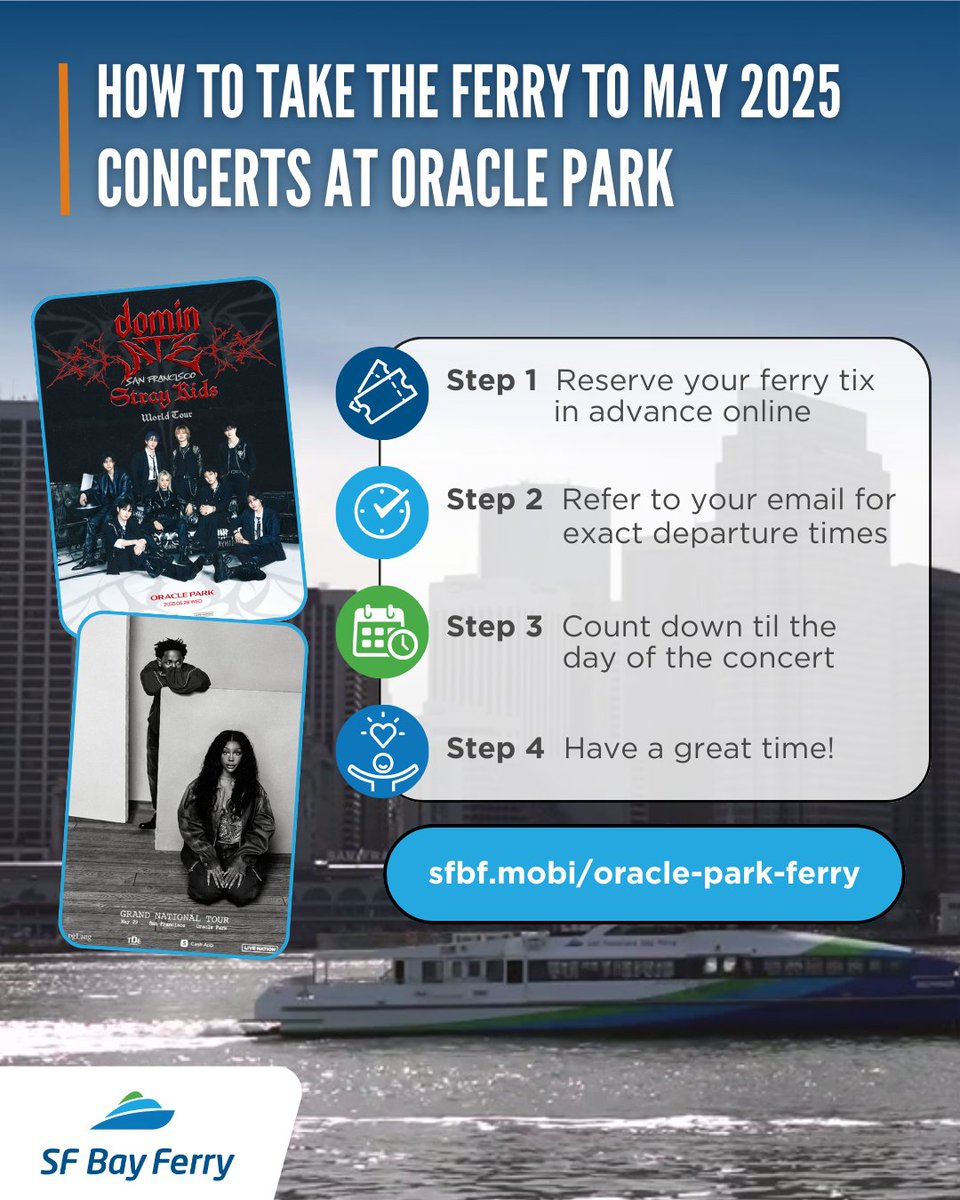 San Francisco Bay Ferry (@sfbayferry) on Twitter photo Skip the traffic & parking fees - ride the ferry to summer concerts at Oracle Park! Direct service launches this week with concerts featuring <a href="/realstraykids/">Stray Kids</a> <a href="/kendricklamar/">Kendrick Lamar</a> <a href="/sza/">SZA</a> ๐ถ๐ Reserve your ferry tix: sfbf.mobi/oracle-park-feโฆ Skip the traffic & parking fees - ride the ferry to summer concerts at Oracle Park! Direct service launches this week with concerts featuring <a href="/realstraykids/">Stray Kids</a> <a href="/kendricklamar/">Kendrick Lamar</a> <a href="/sza/">SZA</a> ๐ถ๐ Reserve your ferry tix: sfbf.mobi/oracle-park-feโฆ
