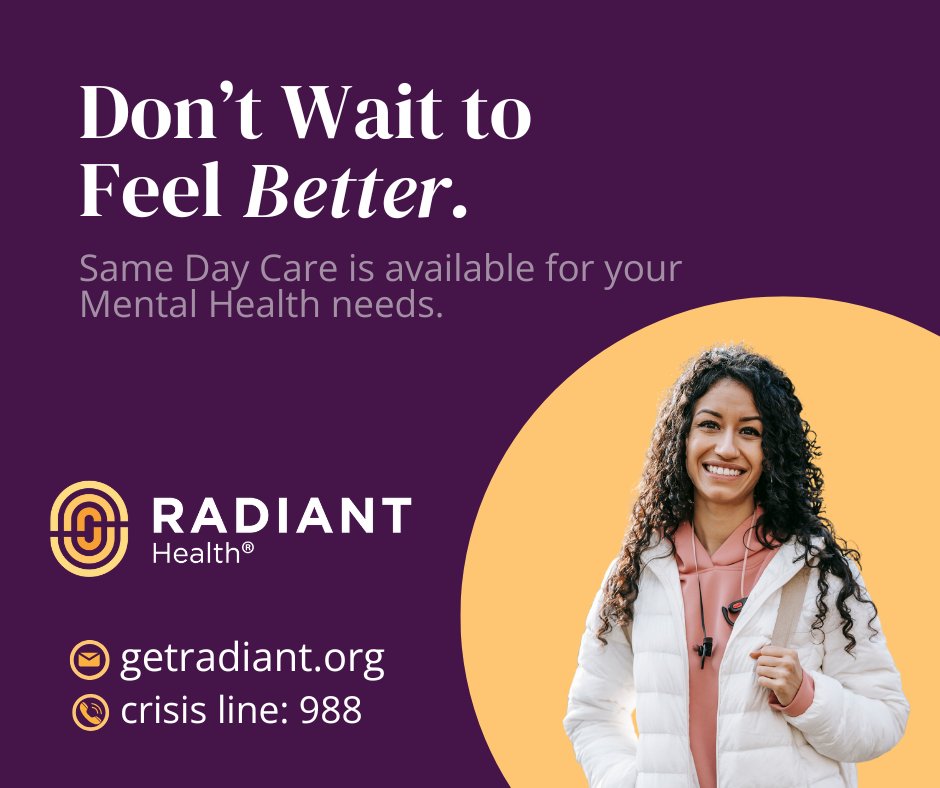 GetRadiantMH's tweet image. Prioritize your mental health today, without waiting weeks for an appointment. 🌟Same day mental health appointments is just a call away. 

Call 765.662.3971 or visit getradiant.org/care-today

#NoWaitlist #MentalHealthCare #ImmediateSupport #GetRadiant