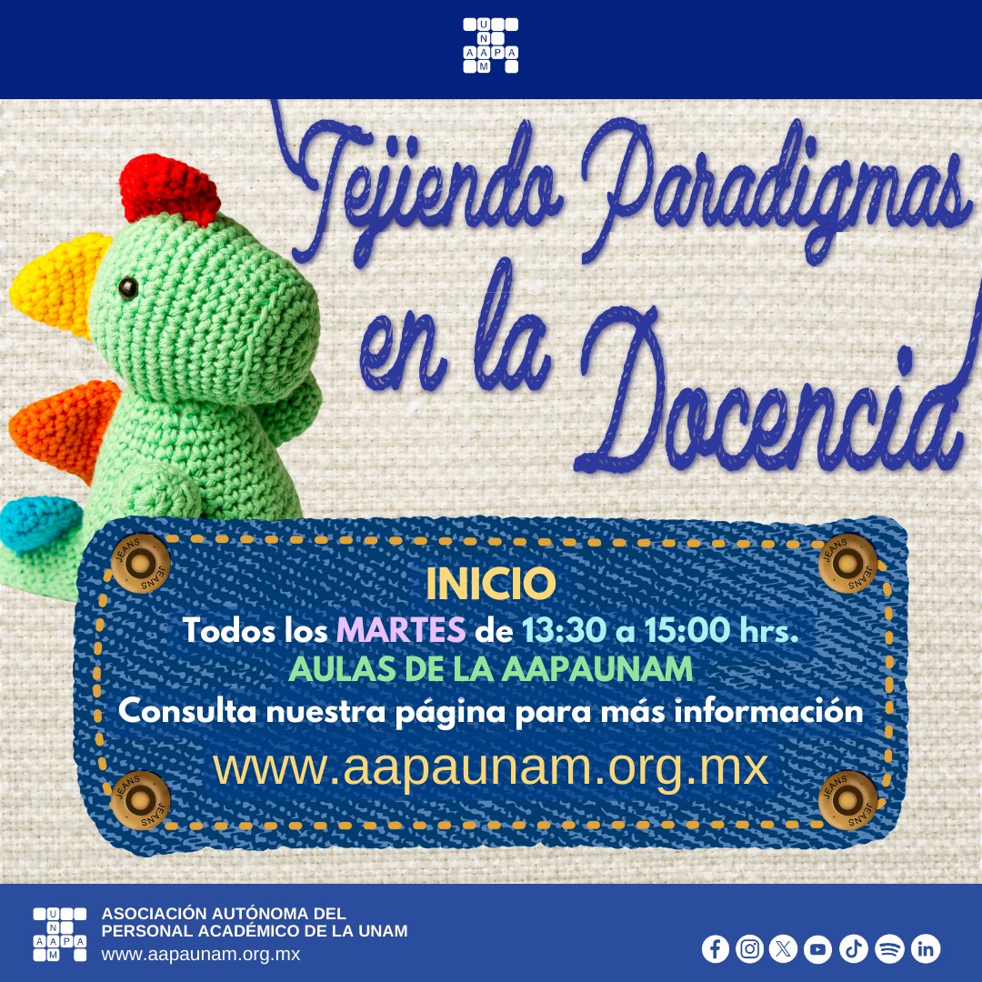 ¡Tejiendo Paradigmas en la Docencia! 🧶✨
Acompáñanos en este espacio de reflexión y aprendizaje para innovar en la enseñanza. 📚💡

📅 Todos los MARTES
⏰ 13:30 a 15:00 hrs
📍 Aulas de la AAPAUNAM

#SomosAAPAUNAM #UNAM #Docencia #Innovación #TejiendoParadigmas