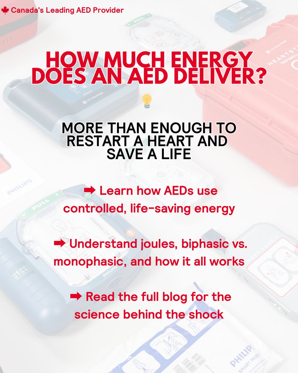 ⚡ Ever wonder how much energy an AED actually delivers?

Learn about joules, biphasic vs. monophasic shocks, and what it really means to “shock the heart.”

💡 Read the blog:
🔗 aedadvantage.ca/blogs/resource…