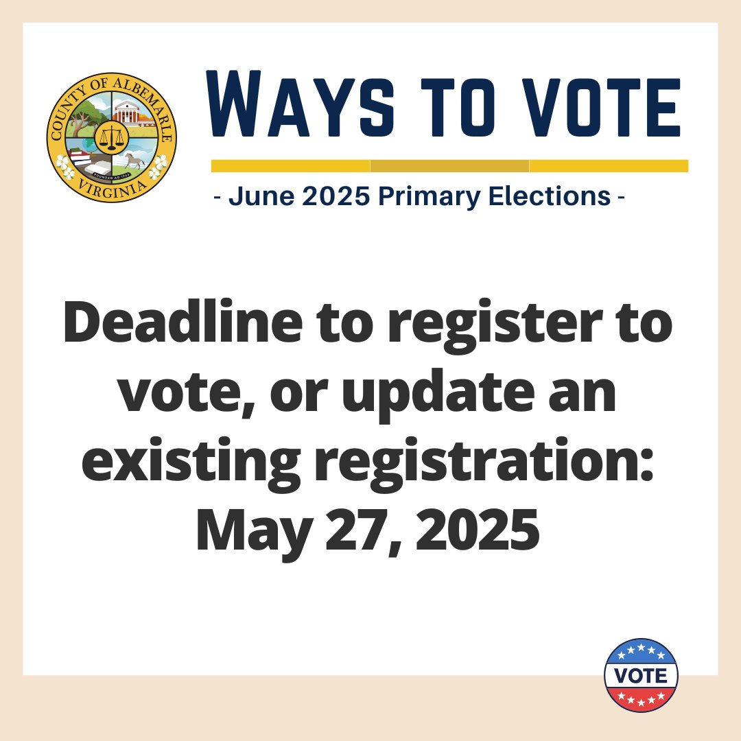 Tomorrow is the last day to register to vote or to check your voter registration in time to vote in the upcoming Primary Election. Get registered and get your vote out! Learn more at albemarle.org/government/ele….