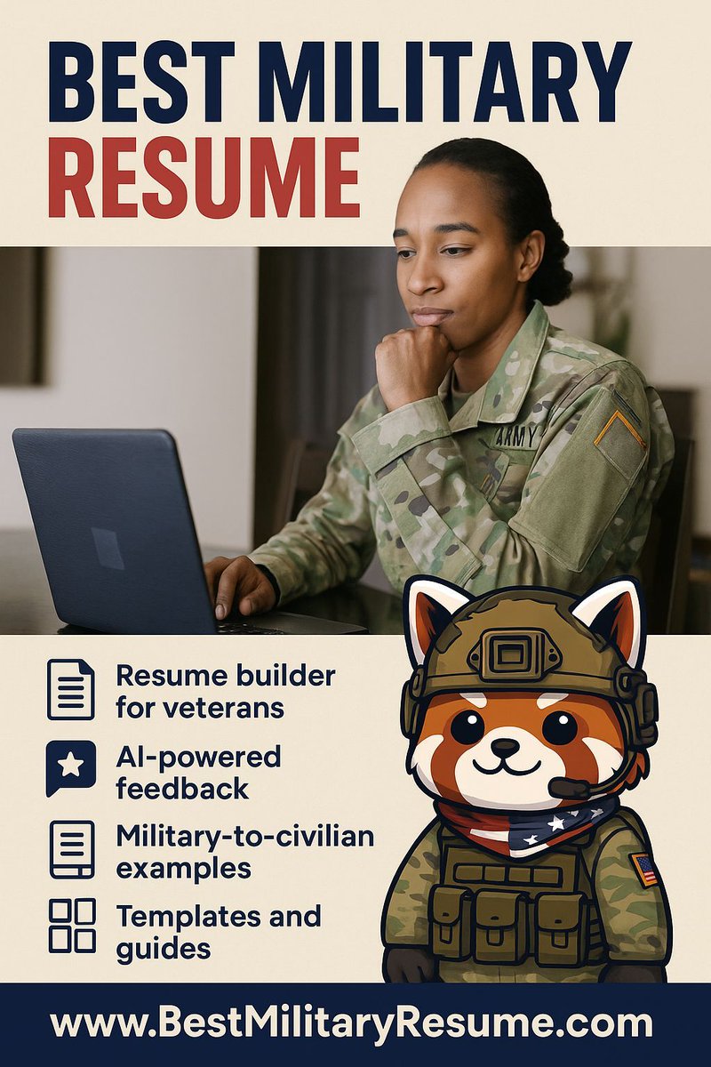 ResumeMilitary's tweet photo. You led teams. Managed missions. Solved real problems under pressure.
Now it’s time your resume reflects that. 💼🇺🇸

✅ Built for veterans
✅ AI-powered feedback
✅ Military-to-civilian examples
✅ Templates &amp; guides that work

Start here 👉 https://t.co/l5J6t71jTv https://t.co/9X1pSNm2RB