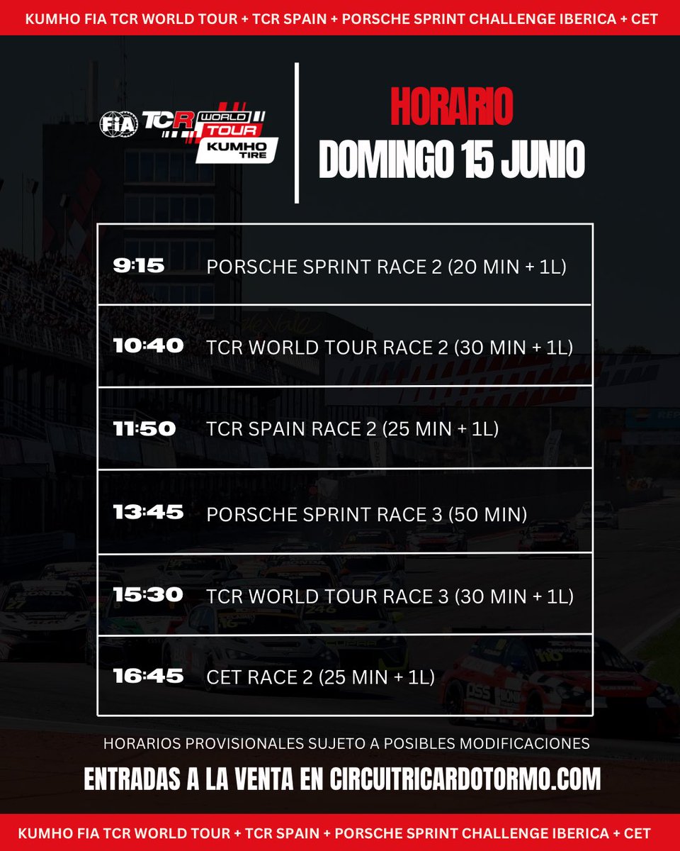 ⏰ Horario Kumho FIA TCR World Tour ⏰

🏁 10 carreras (4 sábado y 6 domingo)
🎟️ Entradas a la venta por tan sólo 5€ en la web del Circuit
🚘 <a href="/TCR_Series/">TCR Series</a>, <a href="/tcrspain/">TCR Spain</a>, Porsche Sprint Challenge Iberica y Campeonato de España de Turismos