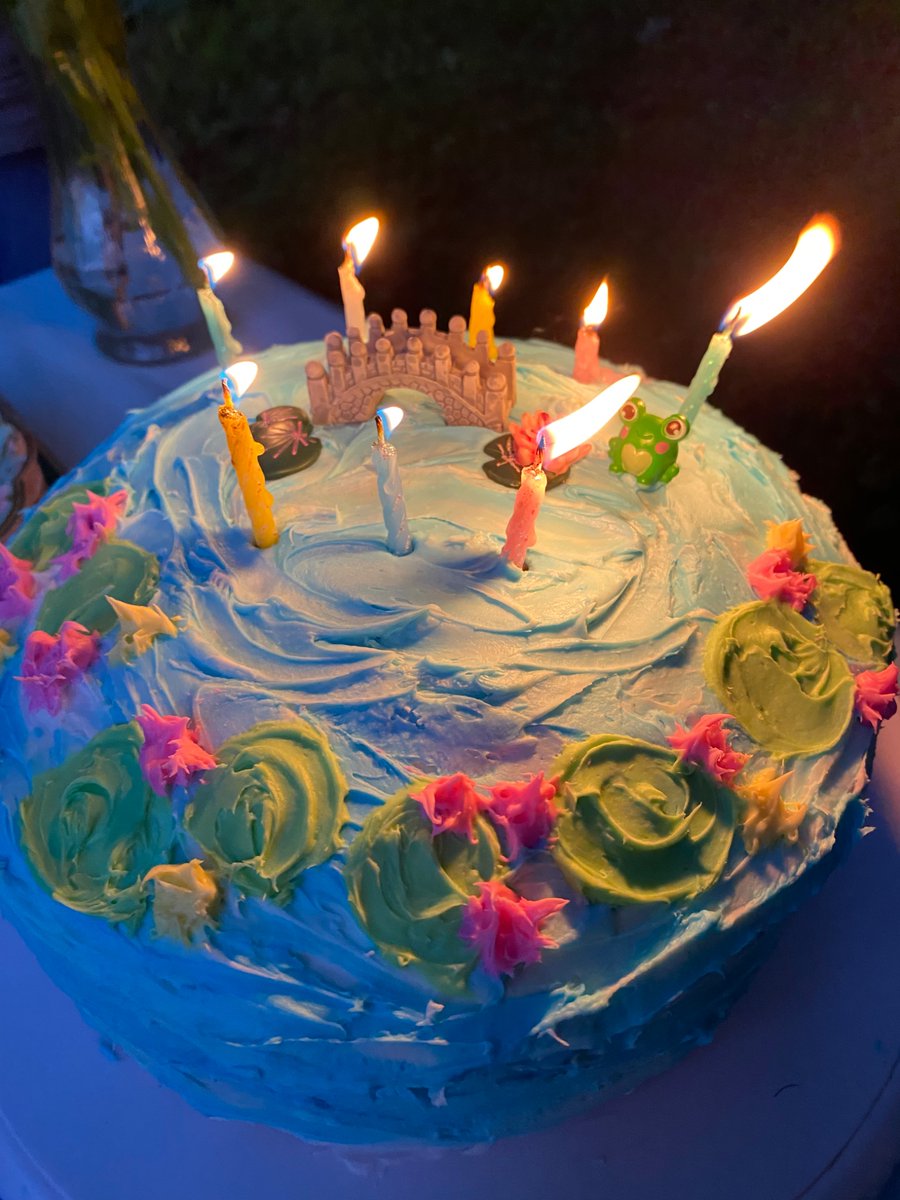 Yesterday, we celebrated my youngest daughter’s 18th birthday! We set-up a Monet’s water lilies theme for dinner &amp; I decorated this cake for her (which was homemade banana, her choice). It was lovely; she is lovely! Can’t believe she’s not still 5. 😭🫶🏼🪷