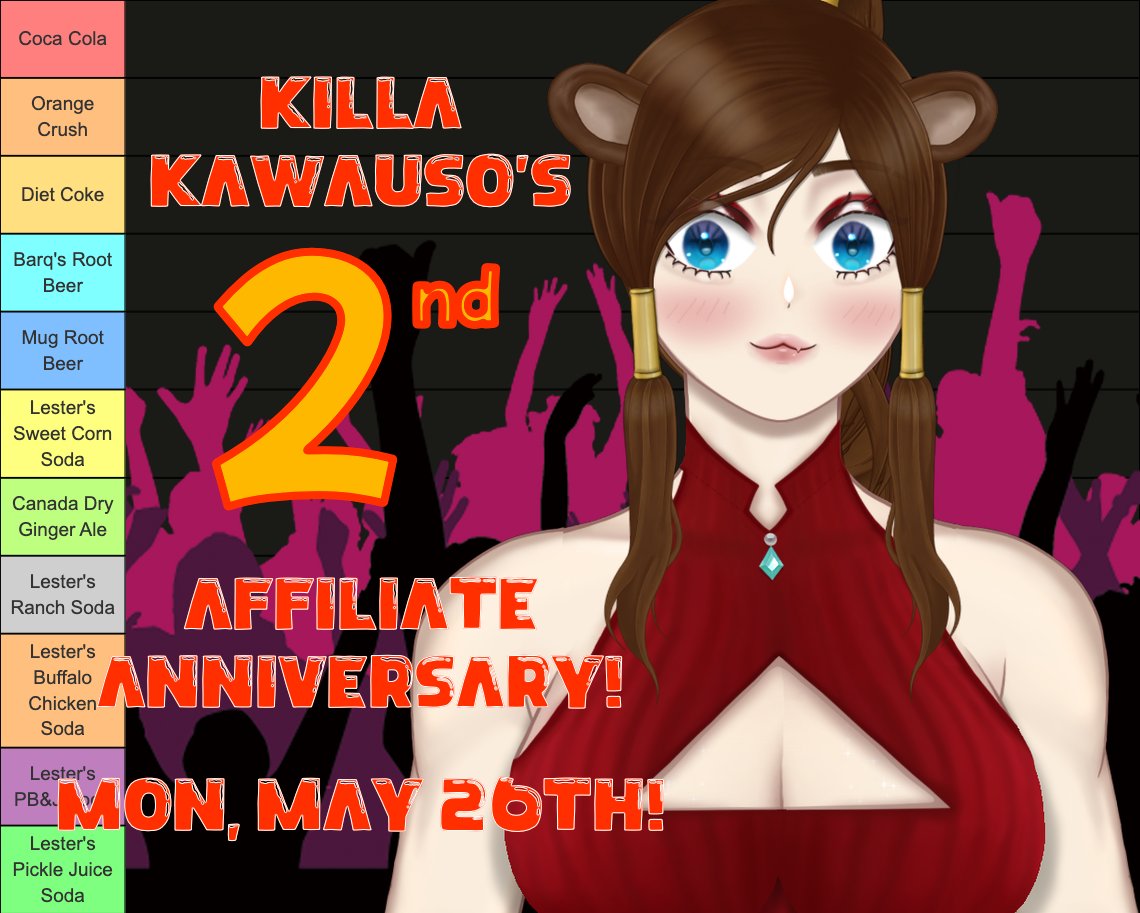 Come join in the celebration! It will be otterly amazing! Assigning Vtubers a soda flavour based on their model then its into some gamering! 

twitch.tv/killakawauso