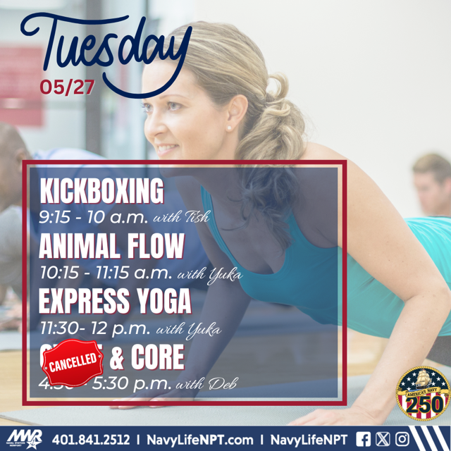 NavyLifeNPT's tweet image. ☀️ Tuesday at John H. Chafee Fitness Center! 🏋🏽‍♀️ Start your day strong with these awesome classes! See you at the gym! 
#FitnessClasses #Kickboxing #AnimalFlow #YogaTime #WaterFitness #HealthyLifestyle #NAVSTANPTMWR