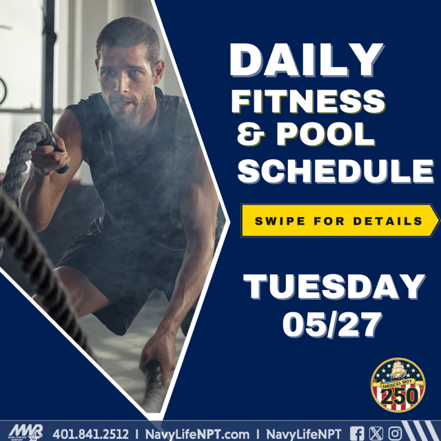 NavyLifeNPT's tweet image. ☀️ Tuesday at John H. Chafee Fitness Center! 🏋🏽‍♀️ Start your day strong with these awesome classes! See you at the gym! 
#FitnessClasses #Kickboxing #AnimalFlow #YogaTime #WaterFitness #HealthyLifestyle #NAVSTANPTMWR