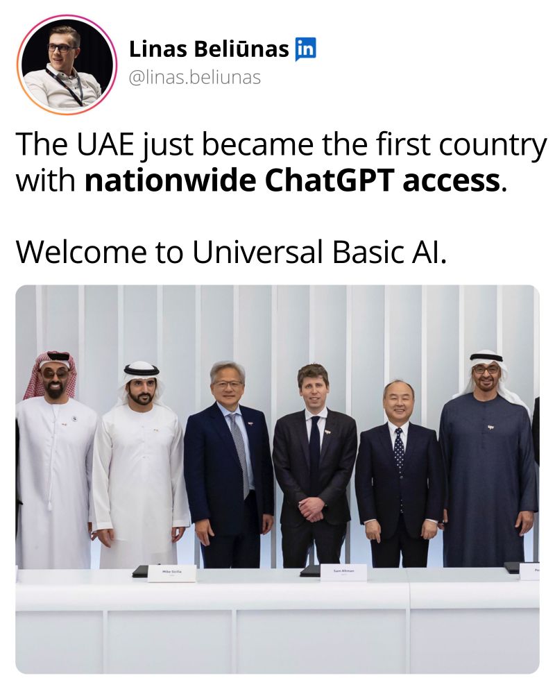 theaienterprise's tweet image. The UAE 🇦🇪 just made ChatGPT Plus free for everyone — GPT-4o, no limits.

They&apos;re also building a massive AI supercomputer with OpenAI and Nvidia.
