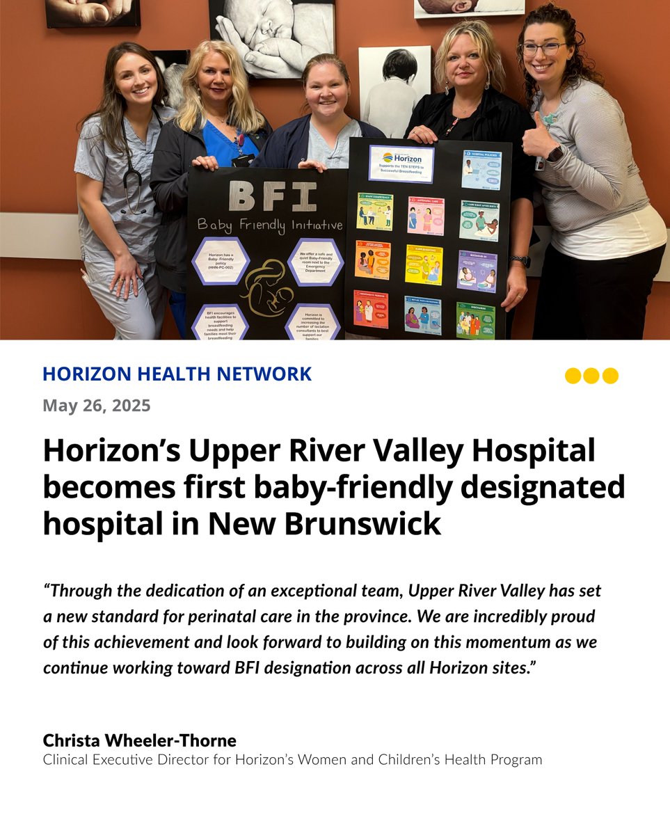 HorizonHealthNB's tweet image. Horizon’s Upper River Valley Hospital is NB’s first Baby-Friendly designated hospital! A proud step forward in giving newborns and families the best start in life. horizonnb.ca/news-releases/…
#NBHealth #BabyFriendly #URVH