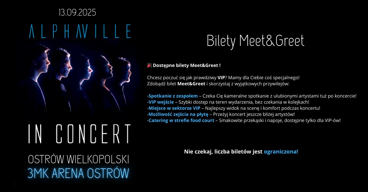 📷 Dostępne bilety Meet&amp;Greet  📷
Chcesz poczuć się jak prawdziwy VIP? Mamy dla Ciebie coś specjalnego! 📷 Zdobądź bilet Meet&amp;Greet i skorzystaj z wyjątkowych przywilejów:
Więcej: arenaostrow.pl/wydarzenia/alp…
