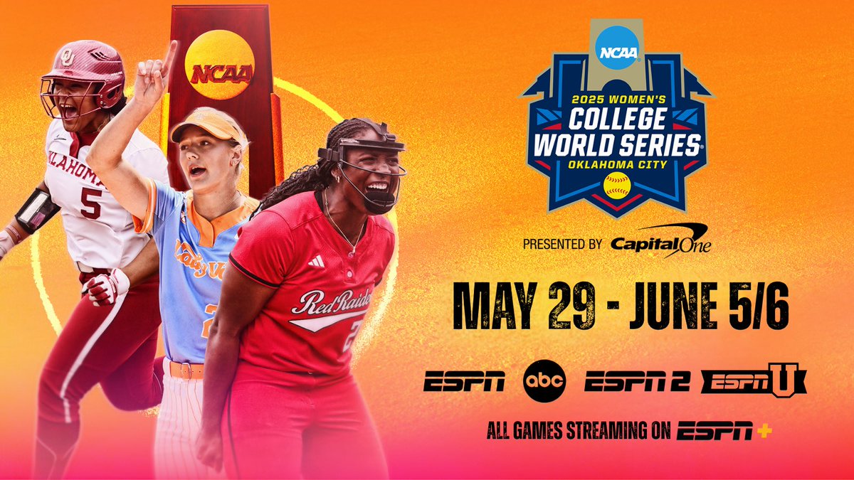 ESPN PR (@espnpr) on Twitter photo ESPN presents comprehensive coverage of the <a href="/NCAASoftball/">NCAA Softball</a> #WCWS
🥎 Every pitch from every angle (May 29-Jun 5/6)
🥎 2 All-Star commentator teams to call game action
🥎 ESPN & <a href="/SECNetwork/">SEC Network</a> studio presence live from Devon Field
More: bit.ly/3Z2LoEr | #NCAASoftball ESPN presents comprehensive coverage of the <a href="/NCAASoftball/">NCAA Softball</a> #WCWS
🥎 Every pitch from every angle (May 29-Jun 5/6)
🥎 2 All-Star commentator teams to call game action
🥎 ESPN & <a href="/SECNetwork/">SEC Network</a> studio presence live from Devon Field
More: bit.ly/3Z2LoEr | #NCAASoftball