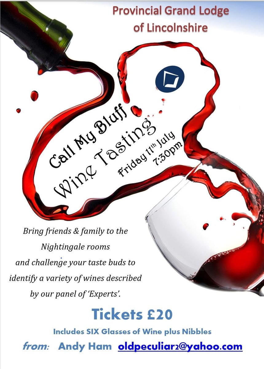 lincsmasonic's tweet image. Experience a delightful evening of discovery at our upcoming Call My BluffWine Tasting Event
From rich reds to crisp whites, there'll be something to tantalise every palate. Come and share an evening of fine wines and friendly company at Lincoln Masonic Centre