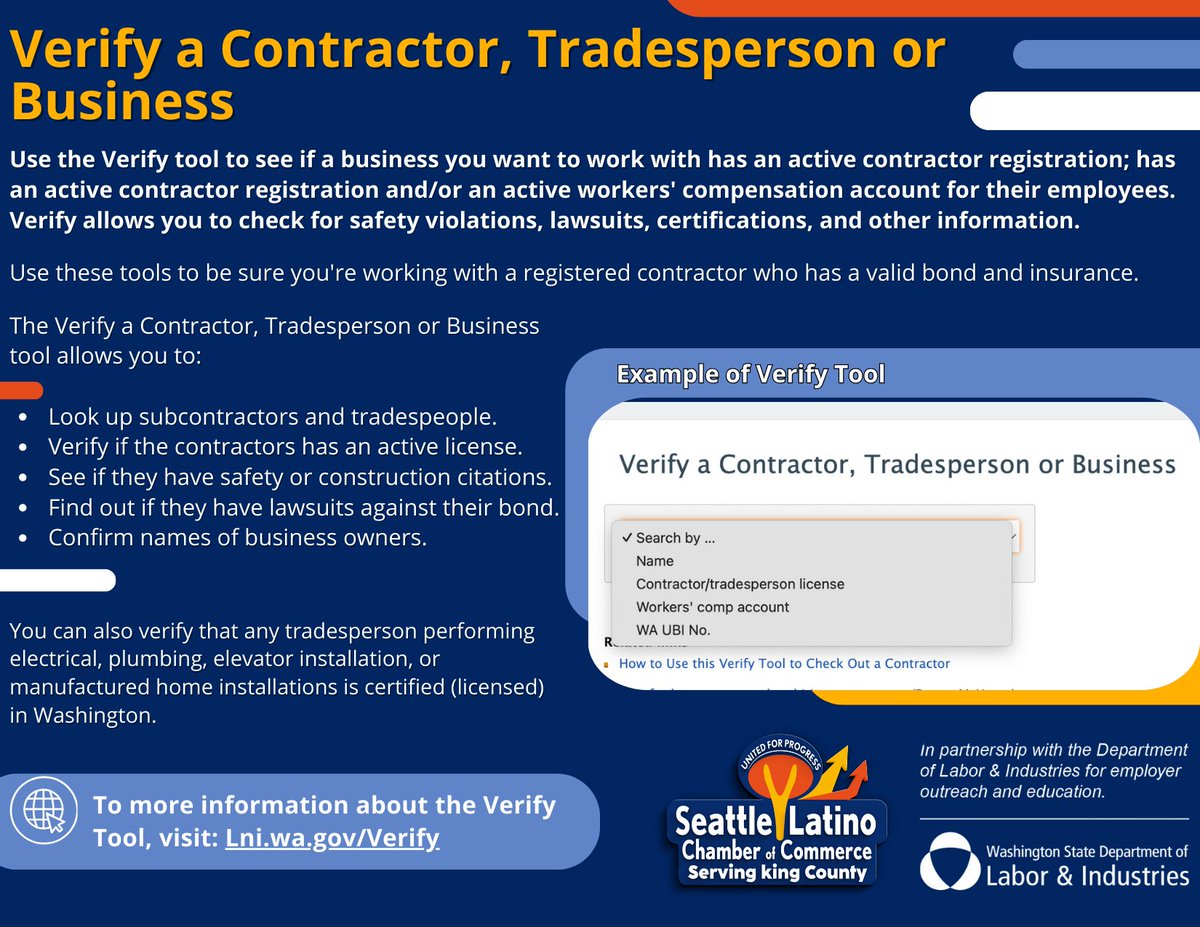 Verify a Contractor, Tradesperson or Business

For more info, visit: lni.wa.gov/licensing-perm…